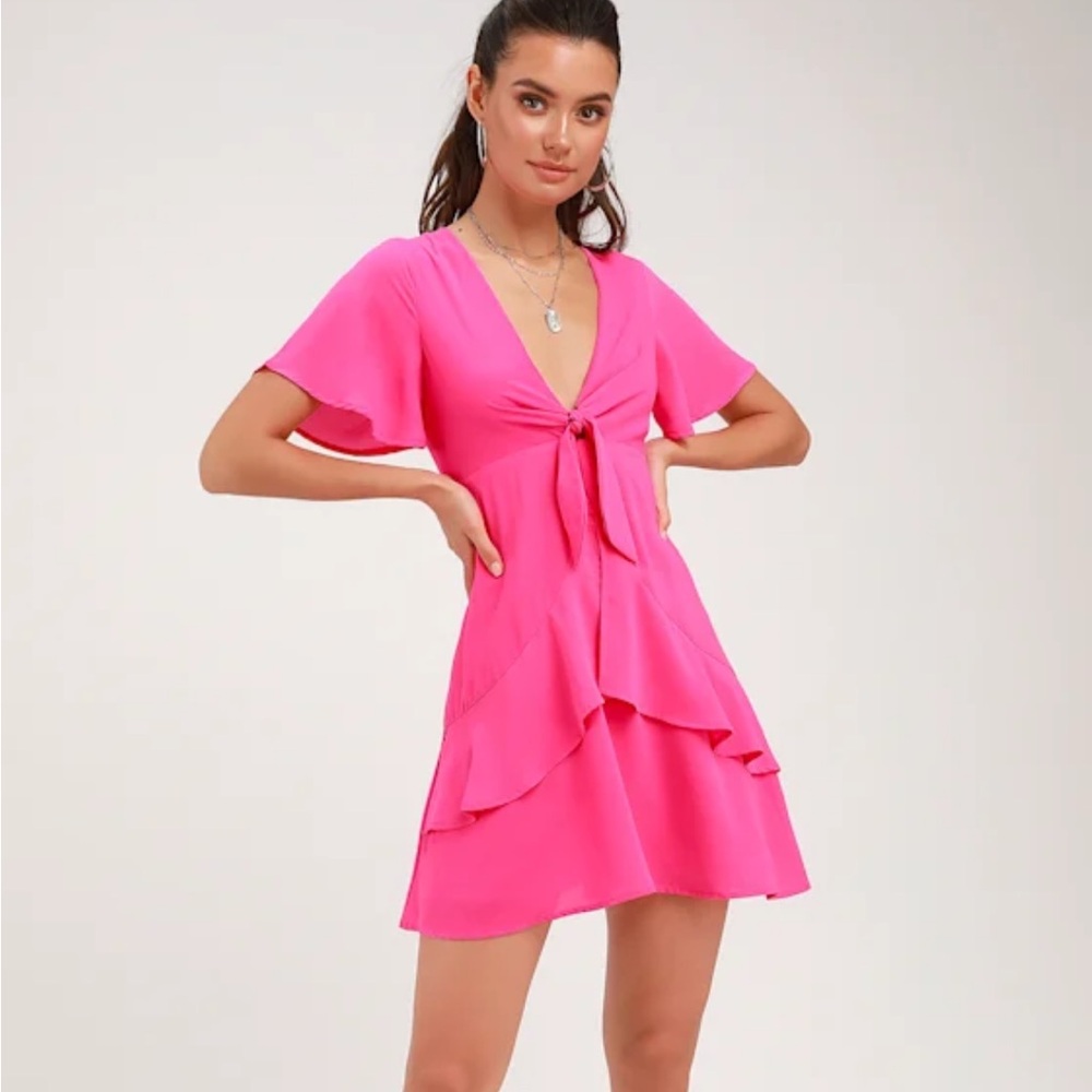 NWT Lulus Jewell Fuchsia Pink Tie-Front Ruffled Skater Dress